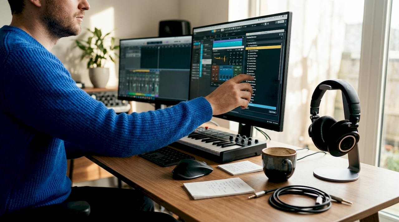 Music producer working on DAW with plugins