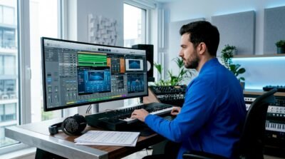Music producer mixing orchestral plugins at home studio