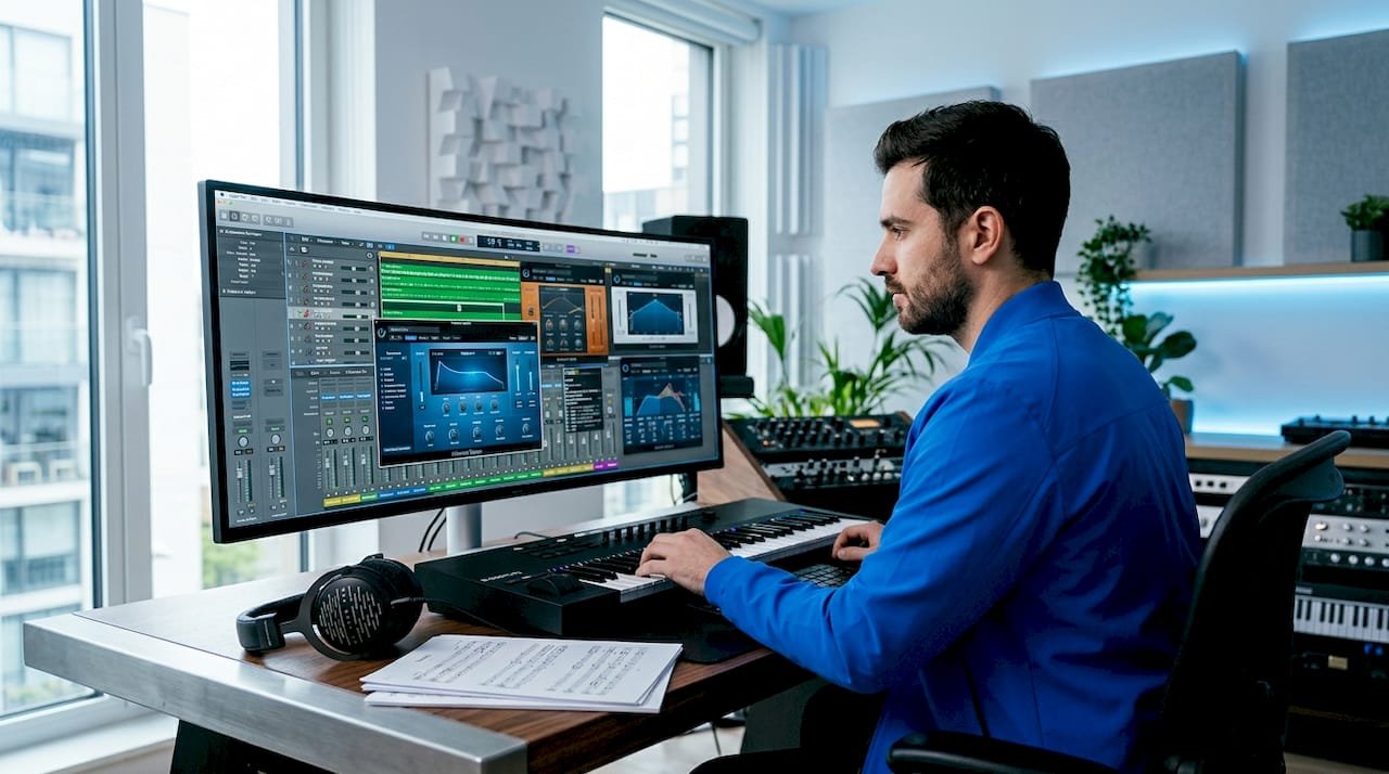 Music producer mixing orchestral plugins at home studio